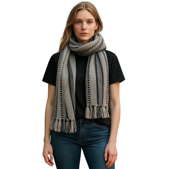 Design Imports Woven Tribal Print Cotton Fringe Scarf Cream/Black Boho Coastal - Picture 1 of 14